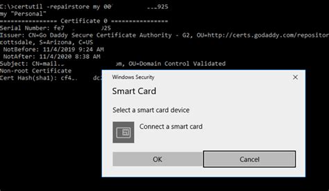 ceertutil repairstore connect a smart card|Troubleshooting a Smart Card on Windows using Certutil.